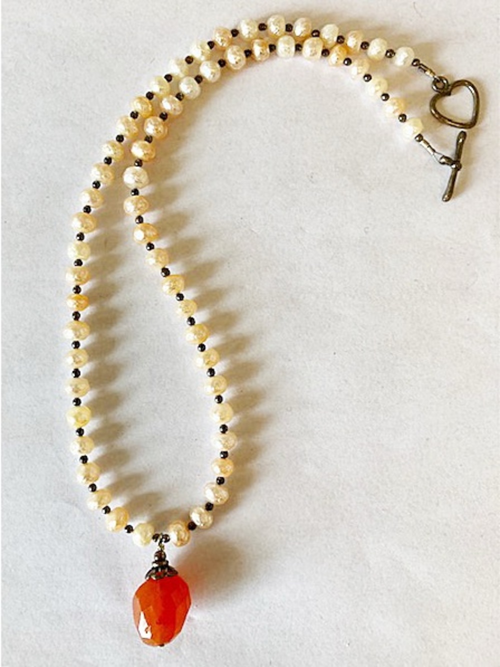 Pearl Bead Necklace with Orange Teardrop Pendant - Unbranded